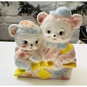 RARE Vtg Caffco Japan Teddy Bear Vase Seesaw Planter Pink Blue Yellow Flower